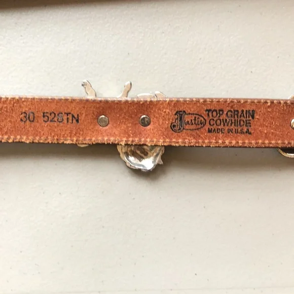 Brown Leather Cowboy Belt with Silvertone Accents - Picture 9 of 10